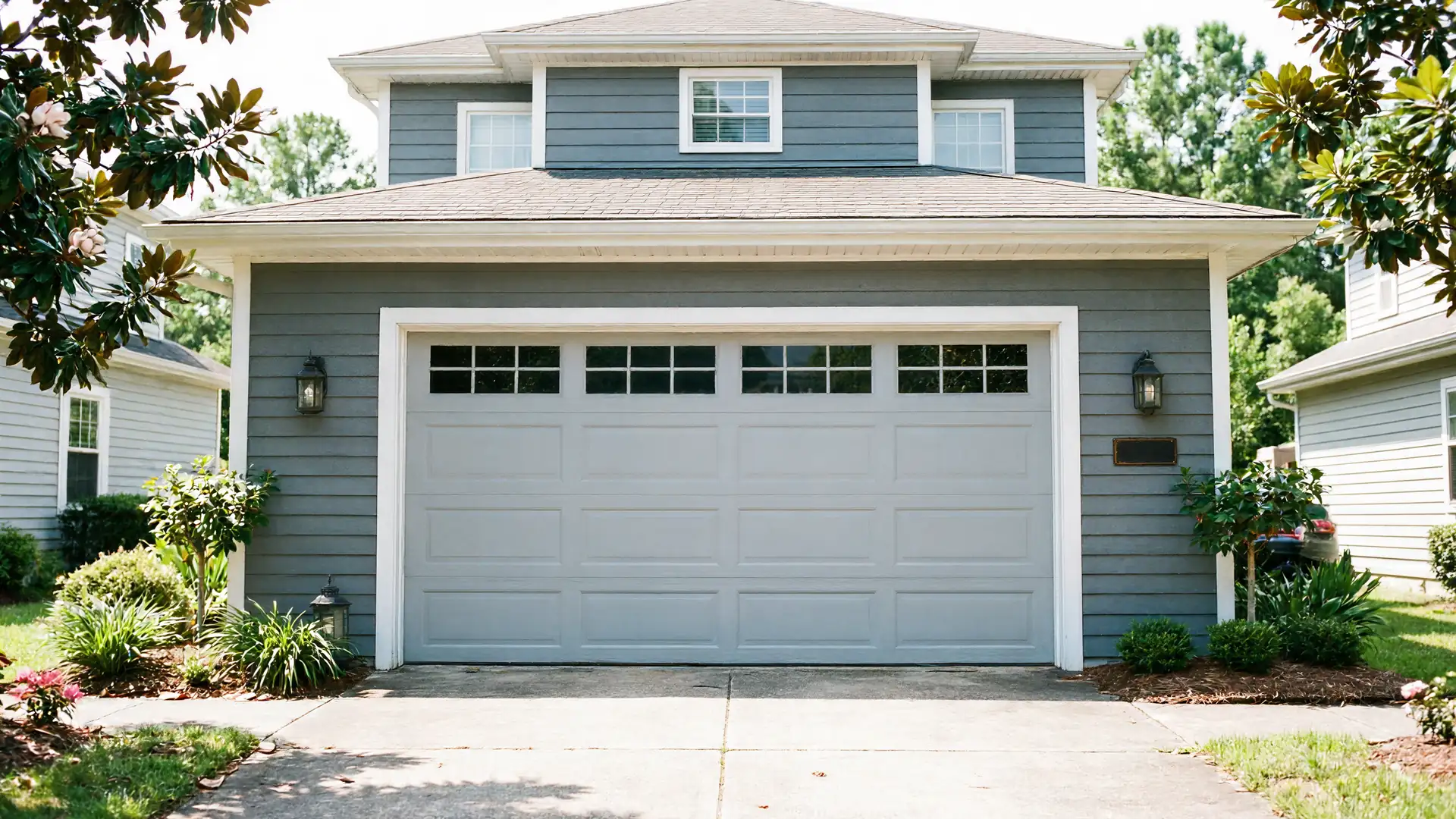 The house has a gray garage door with windows and gray siding.