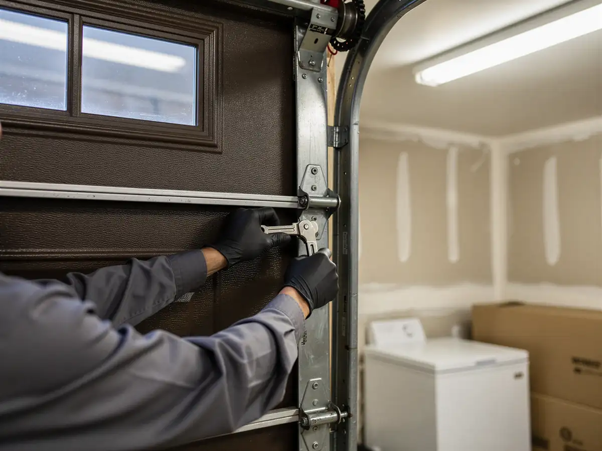 A technician in black gloves adjusts a brown garage door with a wrench.