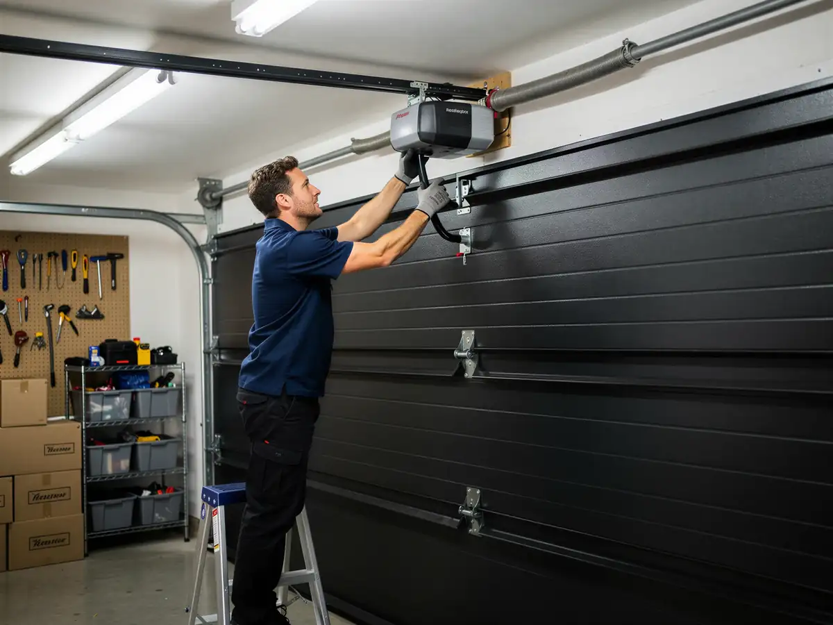 A technician on a ladder installs a garage door opener above a black garage door.